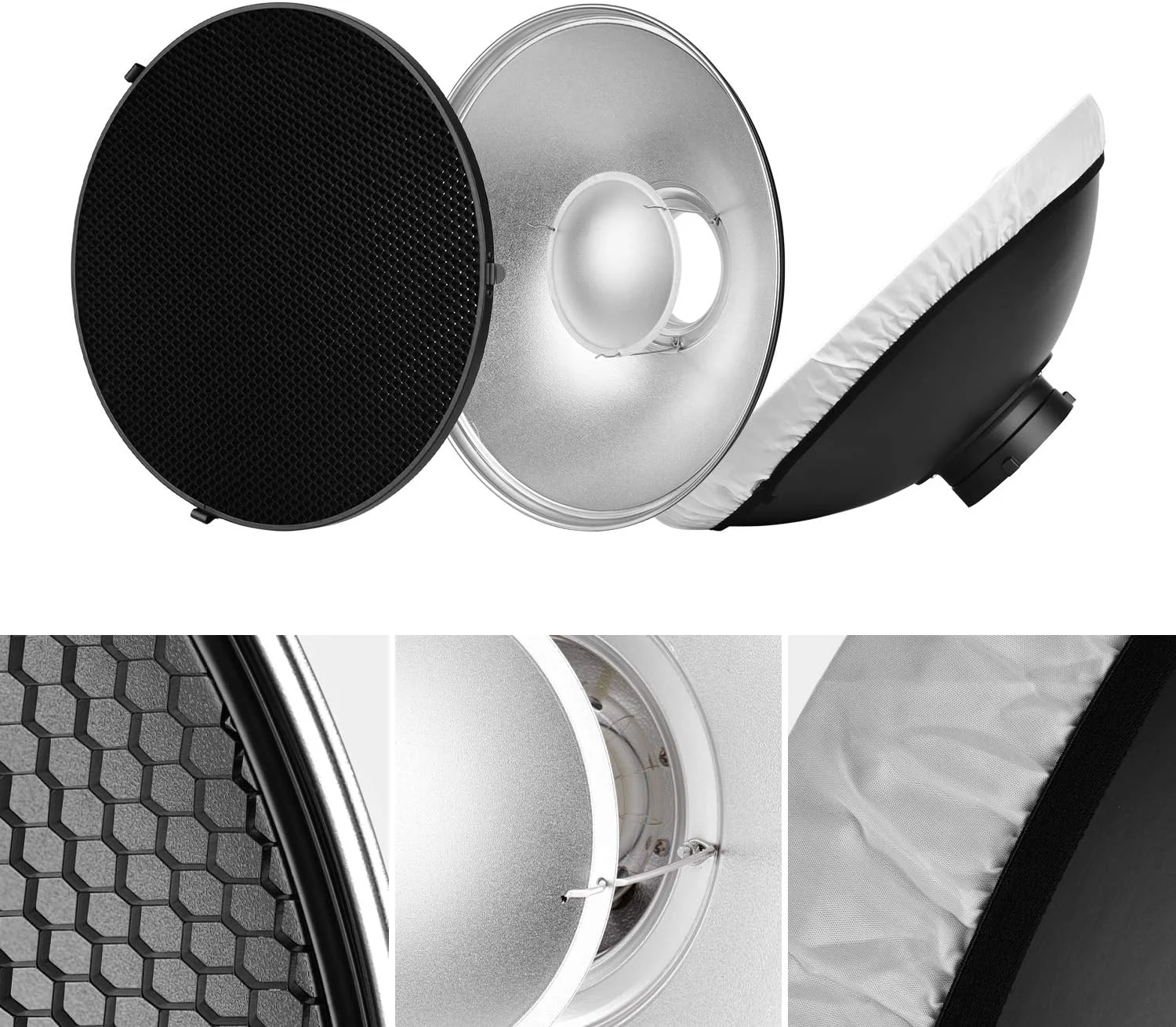 رفلکتور کاسه زیبایی 16 اینچی استودیویی پپیسکی با لانه زنبوری و پارچه نرم برای نور فلاش استروب مانت بوئنز (سطح داخلی نقره ای)