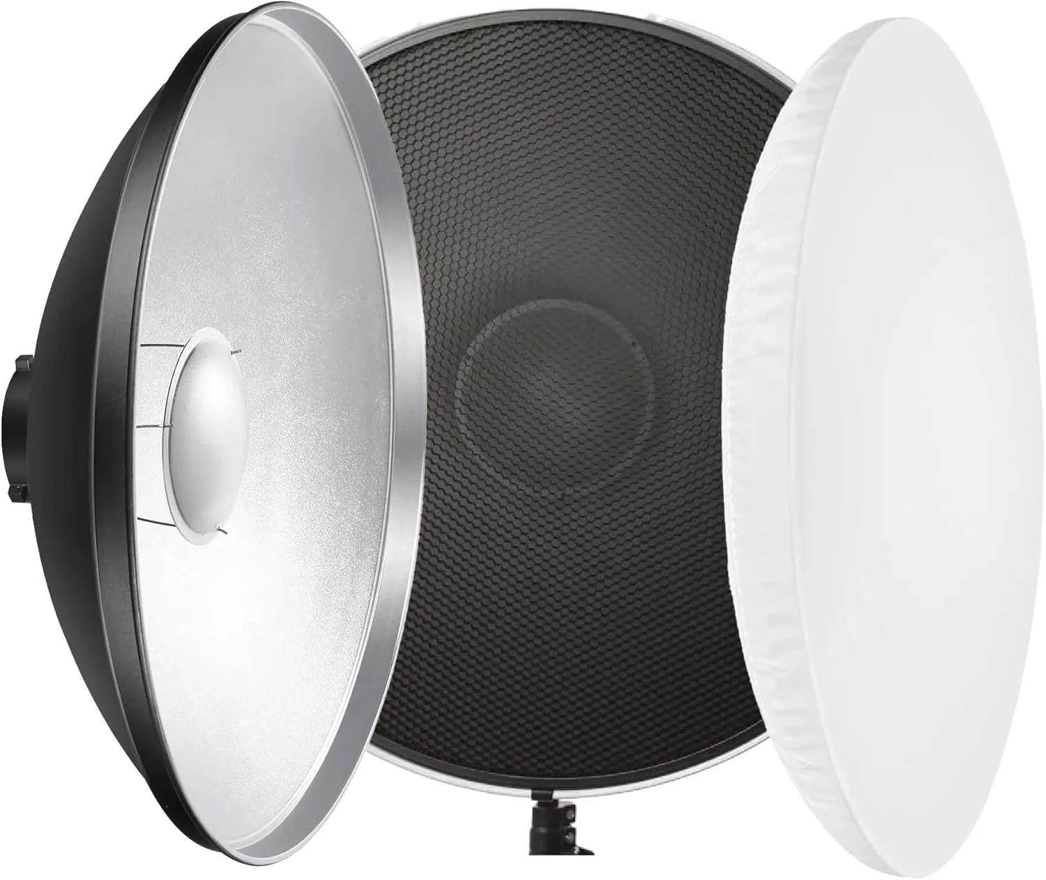 بازتابنده دیش زیبایی نقره ای 42 سانتی متری دوربین رفلکس با شبکه لانه زنبوری و جوراب پخش کننده نور سفید برای نور فلاش استودیویی با پایه بوئنز سازگار با گودوکس