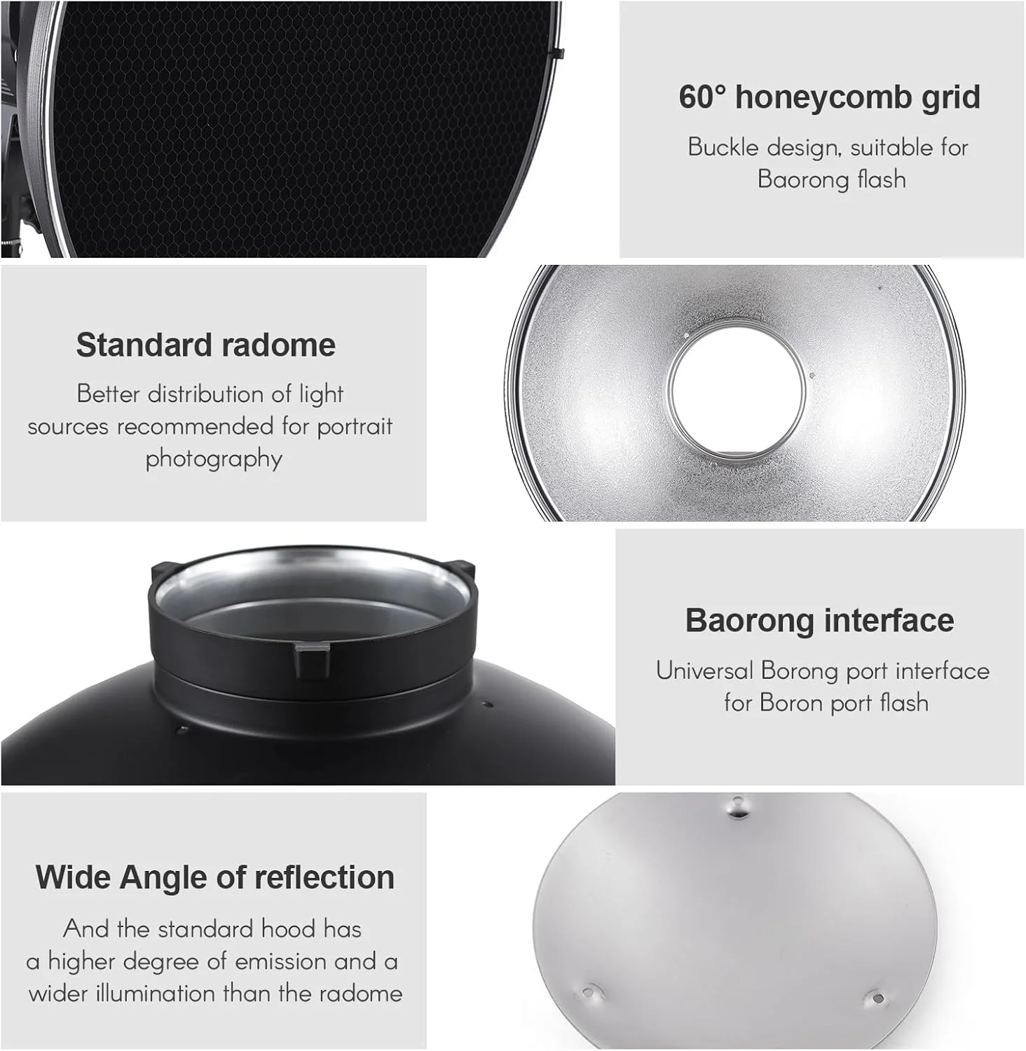 رادوم، دیش زیبایی بازتابنده استاندارد 30 سانتی‌متری با مانت بوئنز به همراه دیفیوزر سفید، بازتابنده و گرید شانه‌ای برای نور فلاش استودیویی عکاسی پرتره