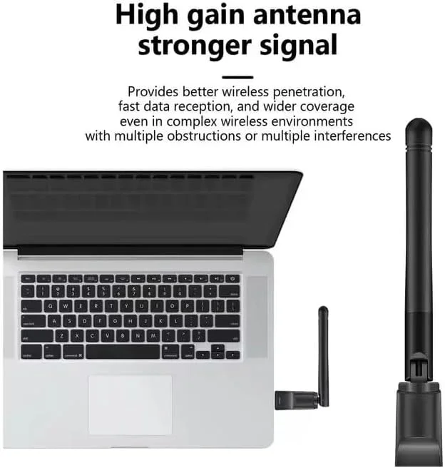 آداپتور وای فای USB 1300Mbps دو بانده 2.4G/5G با آنتن تقویت شده - اتصال آسان برای کامپیوتر، لپ تاپ، ویندوز و مک