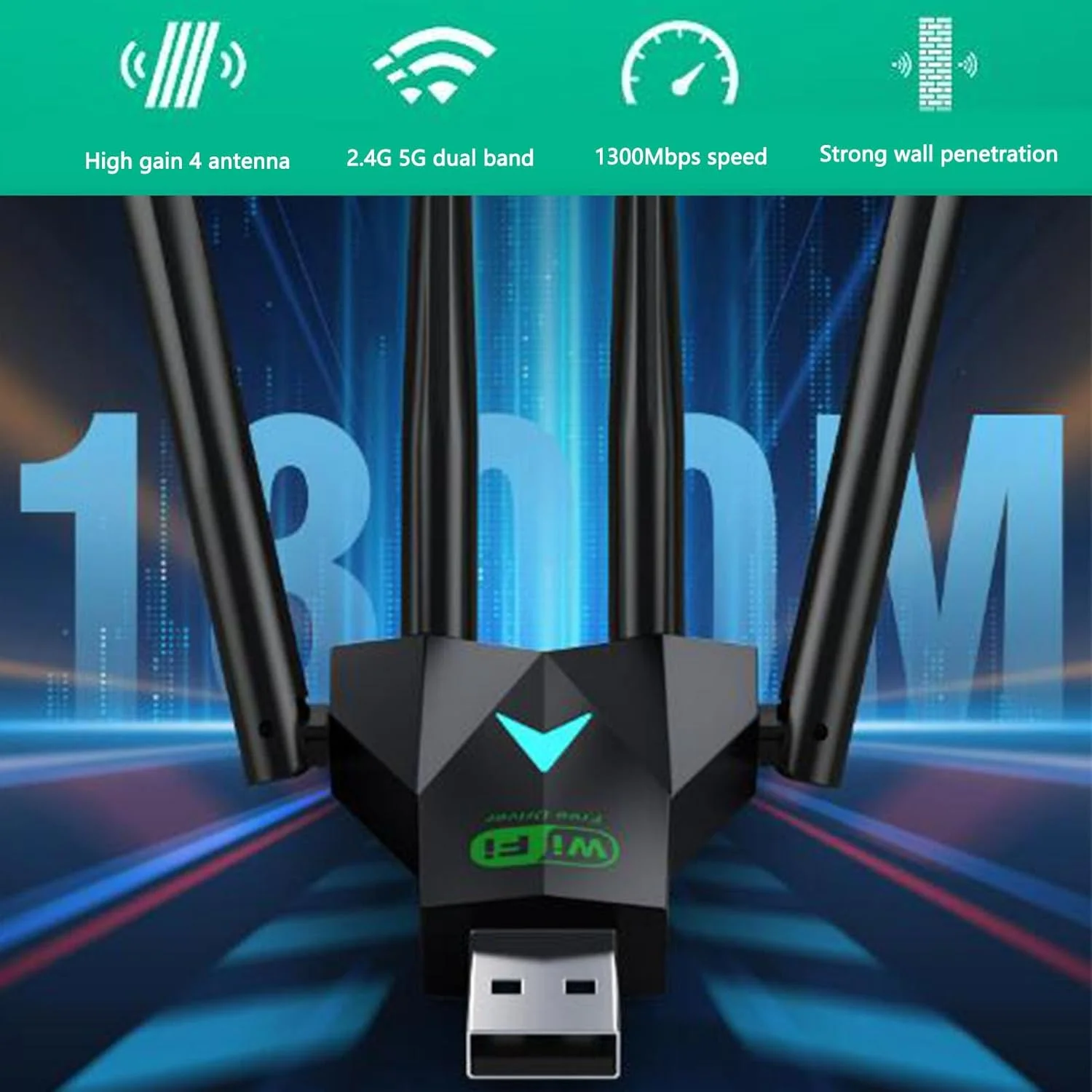 آداپتور USB، آداپتور USB دو بانده 2.4G 5GHz با سرعت 1300 مگابیت بر ثانیه، جایگزین آداپتور شبکه USB قابل حمل برای ویندوز 7، 8، 8.1، 10، 11