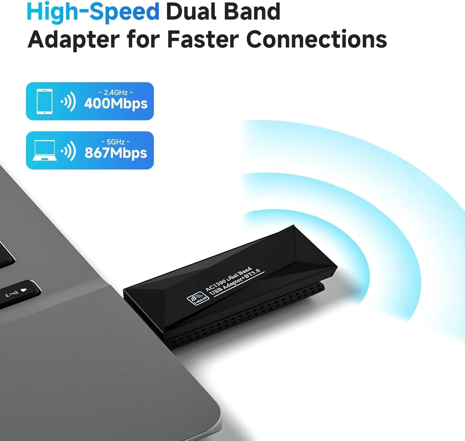 آداپتور وای فای USB AC1300 با دانگل بلوتوث 5.0 برای کامپیوتر - آداپتور شبکه بی سیم دو بانده 2.4G/5G با آنتن با بهره بالا برای رایانه رومیزی و لپ تاپ