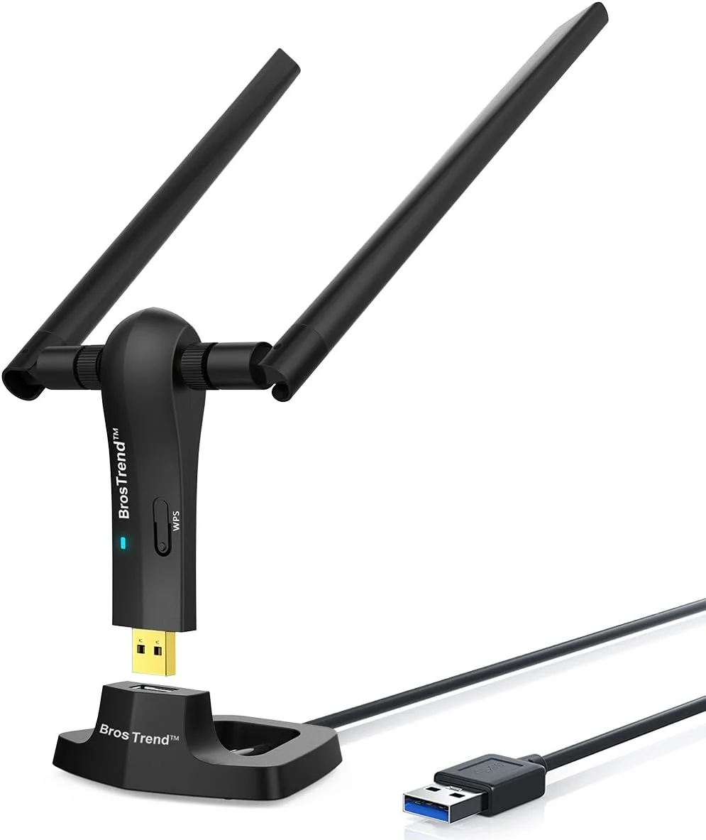 آداپتور وای فای USB برد بلند BrosTrend 1200Mbps برای کامپیوتر، لپ تاپ، ویندوز 11/10/8.1/8/7، آداپتور وایرلس USB دو بانده 2.4GHz 300Mbps + 5GHz 867Mbps، 2 عدد آنتن 5dBi با بهره بالا، پایه USB 3.0