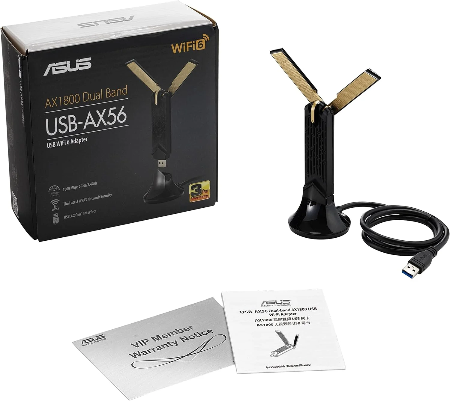 آداپتور وای فای USB ایسوس AX1800 با استاندارد WiFi 6 مدل USB AX56، دو بانده، پشتیبانی از 2x2، مناسب برای بازی و استریم، نصب آسان، امنیت شبکه WPA3، MU MIMO، Beamforming، مشکی، 11.4x3x1.8 سانتی متر
