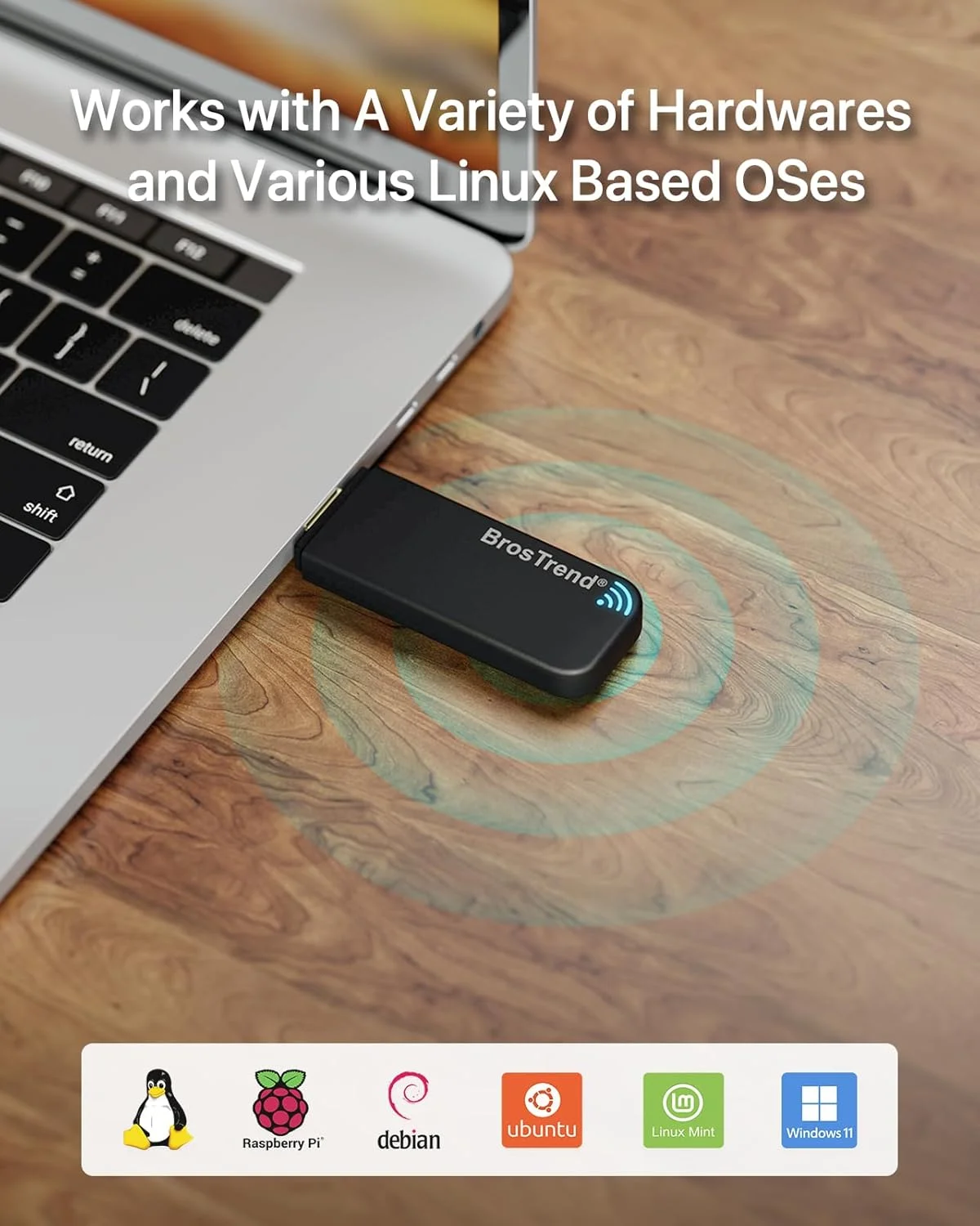 آداپتور وای فای USB لینوکس BrosTrend 1200Mbps، پشتیبانی از Kali، Ubuntu، Mint، Debian، Kubuntu، Mate، Zorin، PureOS، Raspberry Pi 2+، Windows 11/10، وایرلس دو بانده Wi-Fi 5GHz/867Mbps + 2.4GHz/300Mbps