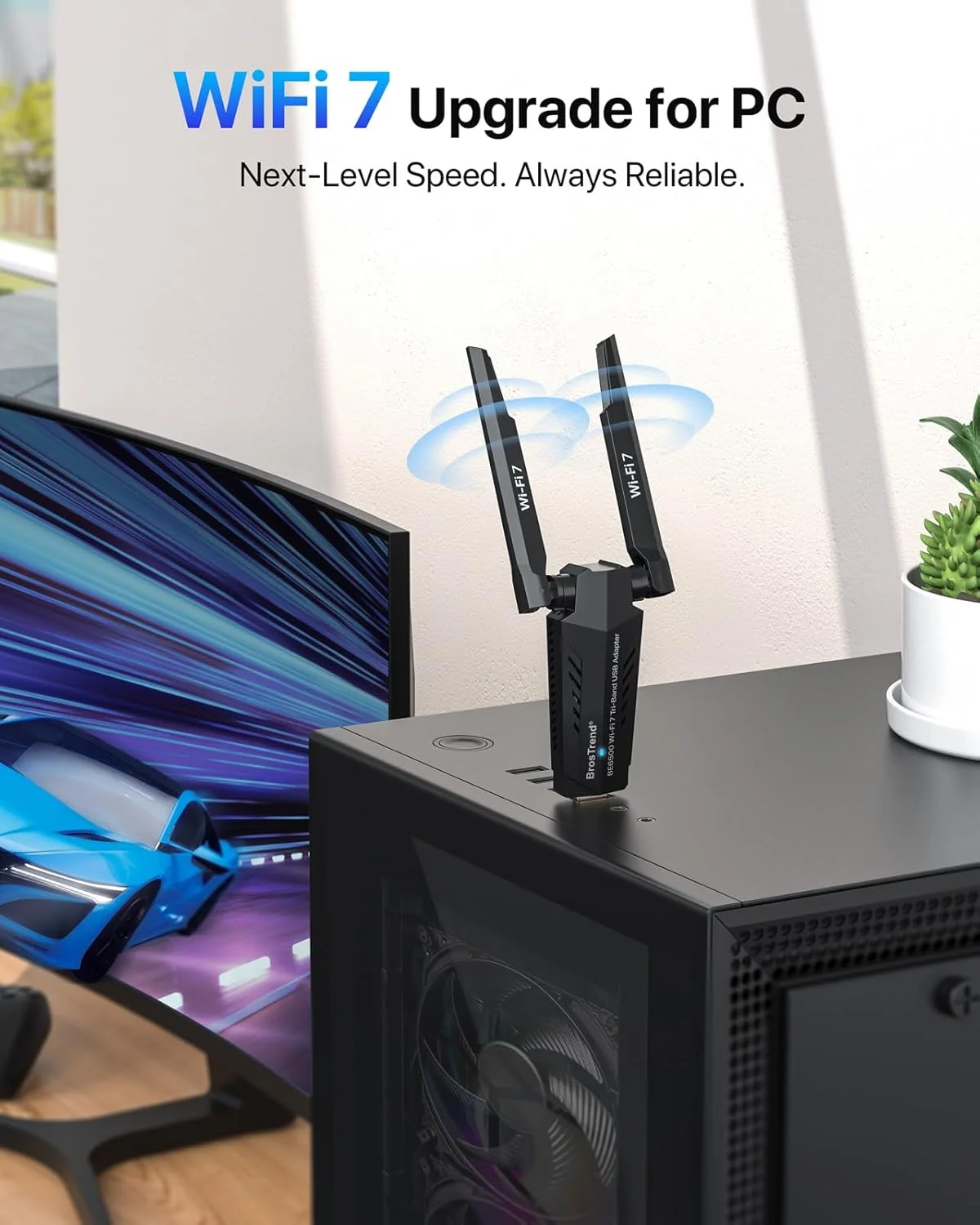 دانگل وای فای USB BrosTrend BE6500 Wi-Fi 7، آداپتور وای فای USB دوربرد برای کامپیوتر رومیزی و لپ تاپ، سه بانده 6 گیگاهرتز 2882 مگابیت بر ثانیه + 5 گیگاهرتز 2882 مگابیت بر ثانیه + 2.4G 688 مگابیت بر ثانیه، دانگل بی سیم USB3.0 برای ویندوز 11/10 WPA3 4K-QAM