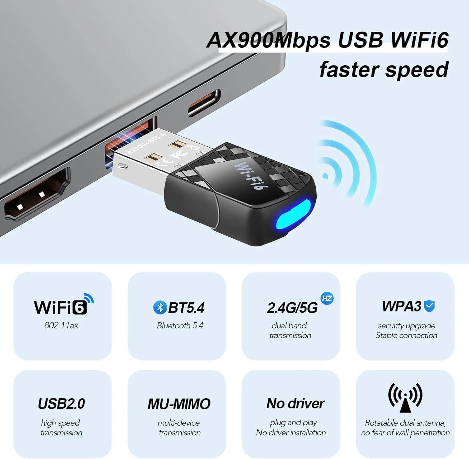 آداپتور وای فای USB آزون AX900Mbps برای کامپیوتر، آداپتور وای فای دو بانده بلوتوث 5.4، فرستنده و گیرنده شبکه بی سیم 2.4G/5G برای لپ تاپ/رومیزی/ویندوز 11/10/WPA3