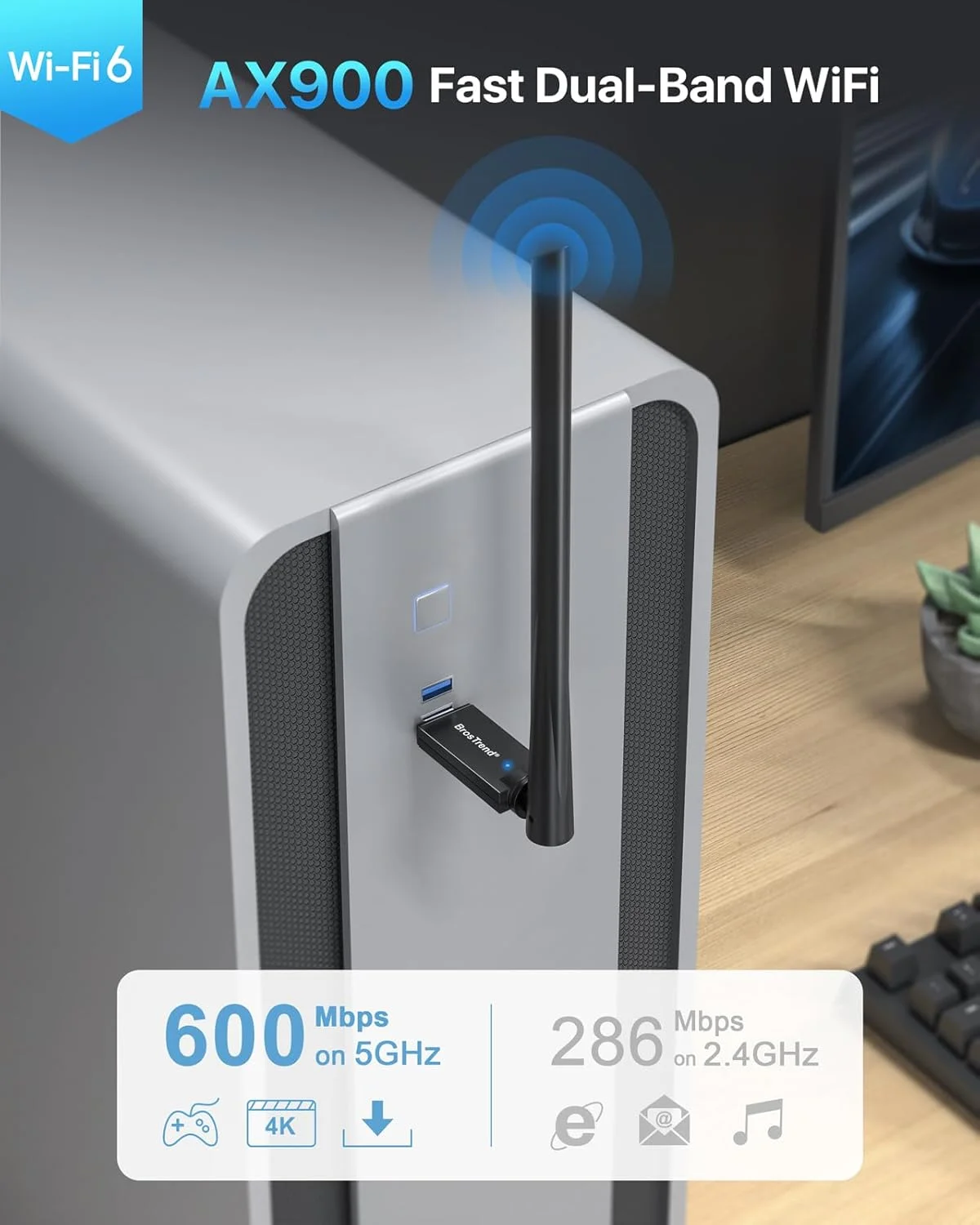 دانگل وای فای USB BrosTrend AX900 با برد بلند، دانگل وای فای 6 دو بانده 5 گیگاهرتز 600 مگابیت بر ثانیه + 2.4 گیگاهرتز 286 مگابیت بر ثانیه، آداپتور وای فای USB برای رایانه شخصی با آنتن 6dBi، آداپتور بی سیم USB2.0 با بهره بالا سازگار با ویندوز 11/10/7