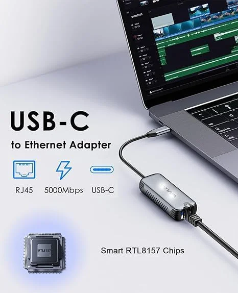 آداپتور USB 3.2 به اترنت WAV-LINK 5000Mbps، مبدل شبکه USB-C به RJ45 با سرعت 5 گیگابیت بر ثانیه، بدنه آلومینیومی سازگار با ویندوز، مک او اس، آیپد او اس، چیپست RTL8157 برای عملکرد پرسرعت
