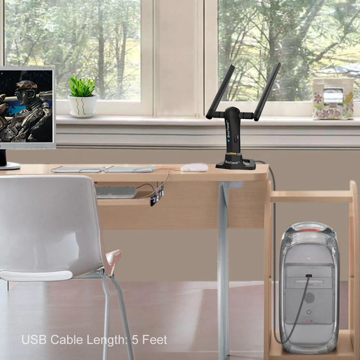 آداپتور وای فای USB برد بلند BrosTrend 1200Mbps برای کامپیوتر، لپ تاپ، ویندوز 11/10/8.1/8/7، آداپتور وایرلس USB دو بانده 2.4GHz 300Mbps + 5GHz 867Mbps، 2 عدد آنتن 5dBi با بهره بالا، پایه USB 3.0