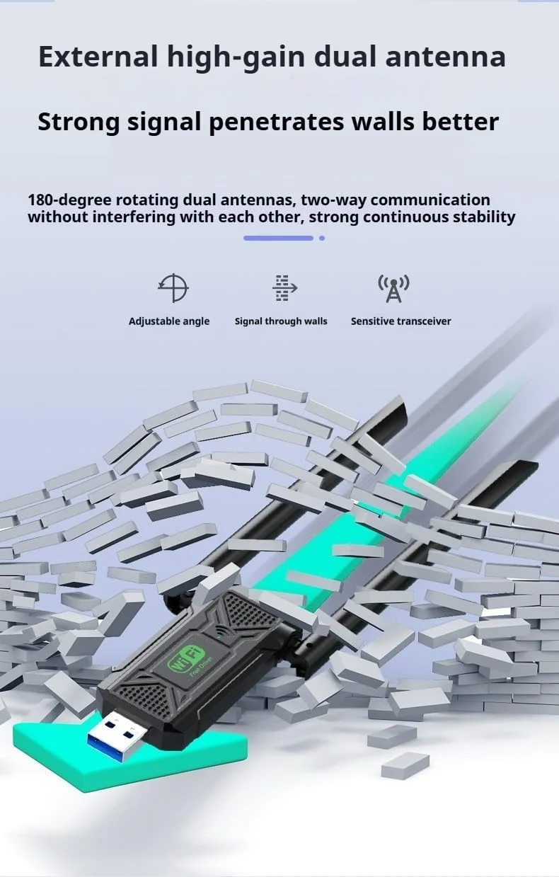 آداپتور وای فای USB آزونی، 1300 مگابیت بر ثانیه، USB 3.0 دو بانده 5G/2.4G، دو آنتن 2dBi، پشتیبانی از Windows11/10/8.1/8/7، آداپتور بی سیم برای آداپتورهای شبکه کامپیوتر رومیزی