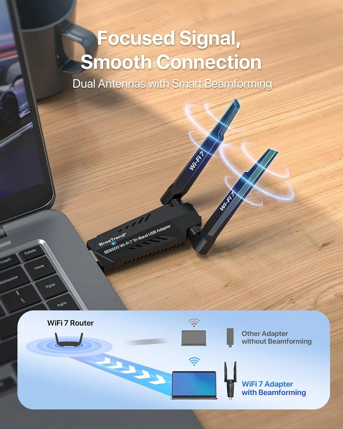 دانگل وای فای USB BrosTrend BE6500 Wi-Fi 7، آداپتور وای فای USB دوربرد برای کامپیوتر رومیزی و لپ تاپ، سه بانده 6 گیگاهرتز 2882 مگابیت بر ثانیه + 5 گیگاهرتز 2882 مگابیت بر ثانیه + 2.4G 688 مگابیت بر ثانیه، دانگل بی سیم USB3.0 برای ویندوز 11/10 WPA3 4K-QAM
