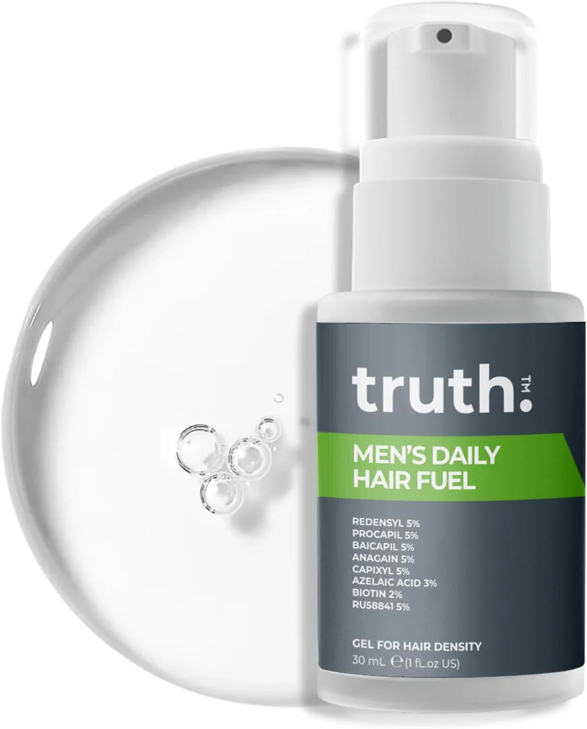 محلول تقویت کننده موی روزانه مردانه Truth، حاوی 40% مواد فعال، سرم افزایش تراکم مو، حاوی RU58841 5% + REDENSYL 5% + PROCAPIL 5% + BAICAPIL 5% + ANAGAIN 5% + CAPIXYL 5% + AZELAIC ACID 3% + BIOTIN 2% + VITAMIN B5 2%