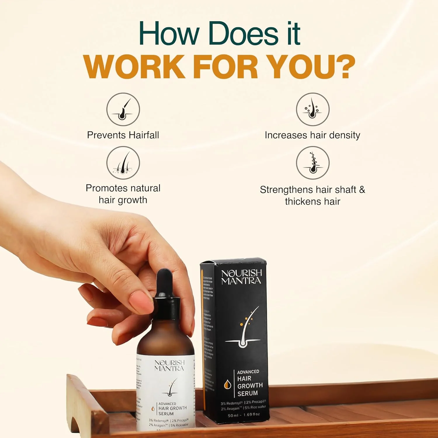 سرم پیشرفته رشد مو Nourish Mantra، ۵۰ میلی لیتر، حاوی ۳% Redensyl، ۲% Anagain، ۲% Procapil و ۵% آب برنج، محرک رشد مجدد مو، درمان ضد ریزش و نازک شدن مو، سرم رشد سریع مو برای بانوان و آقایان