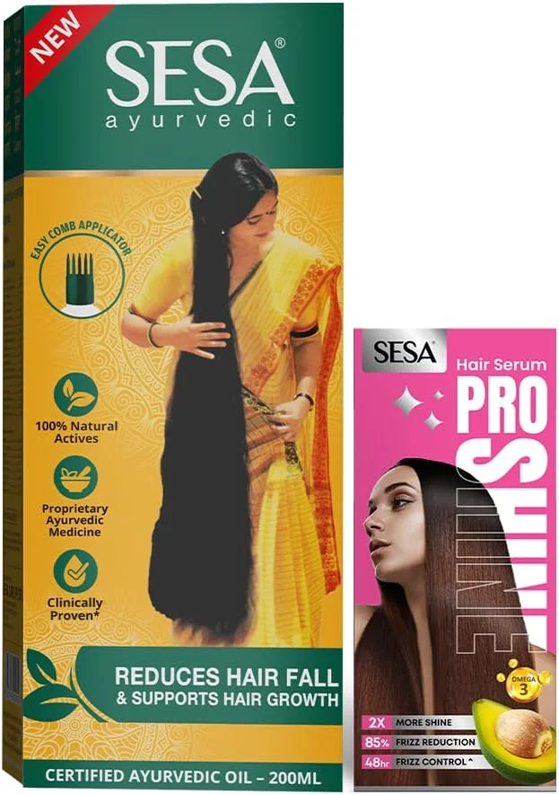 روغن موی آیورودیک SESA 200 میلی لیتر + سرم موی رایگان 20 میلی لیتر | حاوی برینگراج و 17 گیاه، نارگیل و روغن های مغذی | کمک به کاهش ریزش مو، پشتیبانی از رشد مو | شامل اپلیکاتور آسان