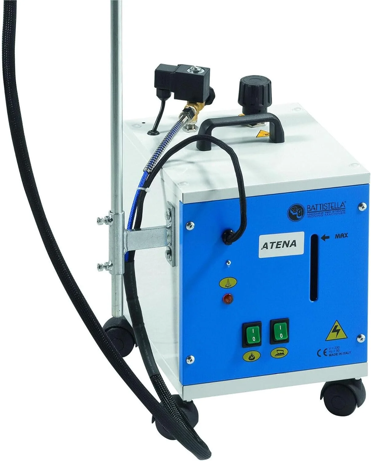 ژنراتور بخار قابل حمل Battistella Atena با چرخ، دیگ بخار 4.5 لیتری، مجهز به برس بخار گرم شونده و پد دار 350 واتی کامل ژنراتور بخار قابل حمل Battistella Atena با چرخ، دیگ بخار 4.5 لیتری، مجهز به برس بخار گرم شونده و پد دار 350 واتی کامل