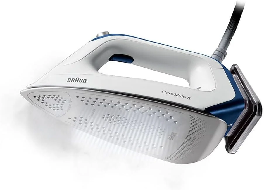 اتو بخار مخزن دار براون CareStyle 5 با فناوری FreeGlide 3D، حالت هوشمند iCareMode، مخزن آب 2 لیتری، 2400 وات، بخاردهی عمودی، گرم شدن سریع مدل IS 5145 سفید/آبی