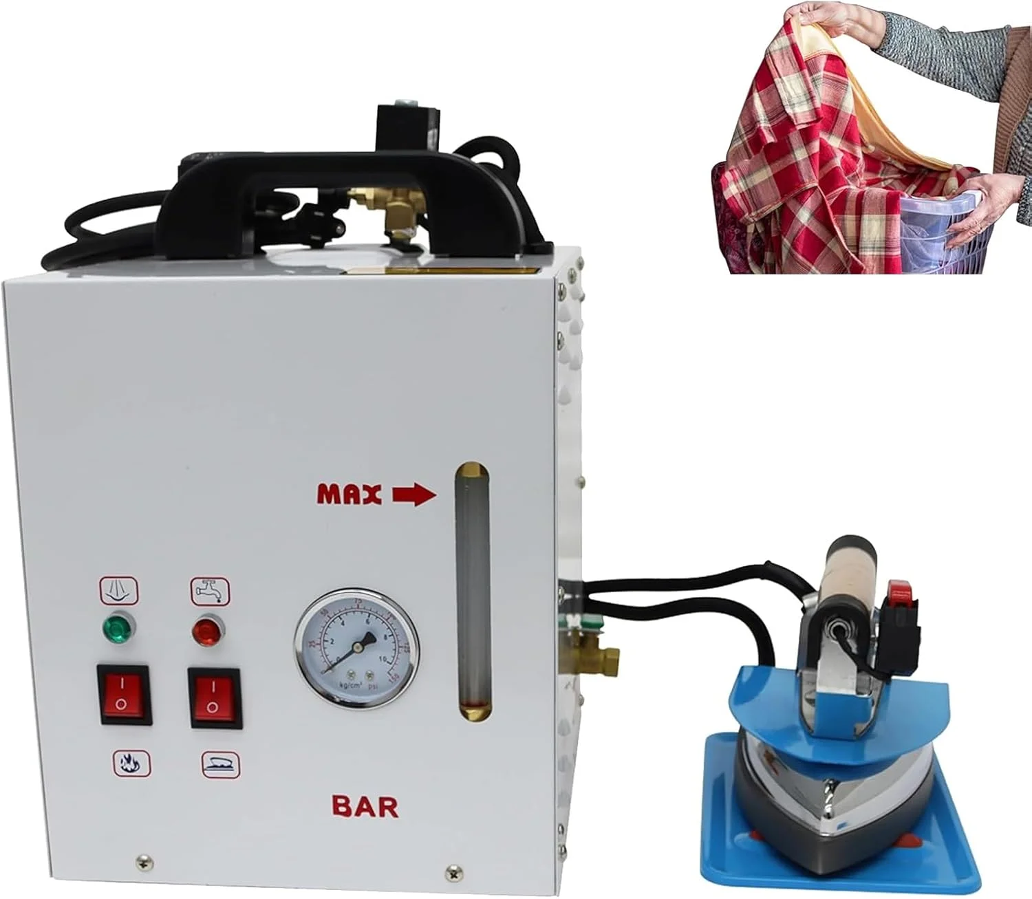 اتو بخار مخزن دار، اتو بخار 900 وات، ایستگاه اتو بخار با ظرفیت دیگ بخار 4 لیتری، دارای آلارم کمبود آب، اتو بخار لباس با نمایشگر سطح آب و فشار، مناسب برای فروشگاه های پوشاک