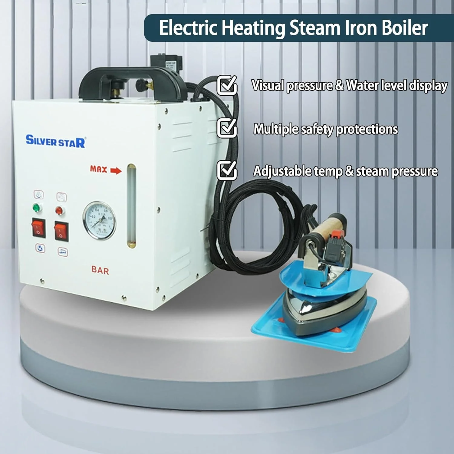 اتو بخار مخزن دار، اتو بخار 900 وات، ایستگاه اتو بخار با ظرفیت دیگ بخار 4 لیتری، دارای آلارم کمبود آب، اتو بخار لباس با نمایشگر سطح آب و فشار، مناسب برای فروشگاه های پوشاک