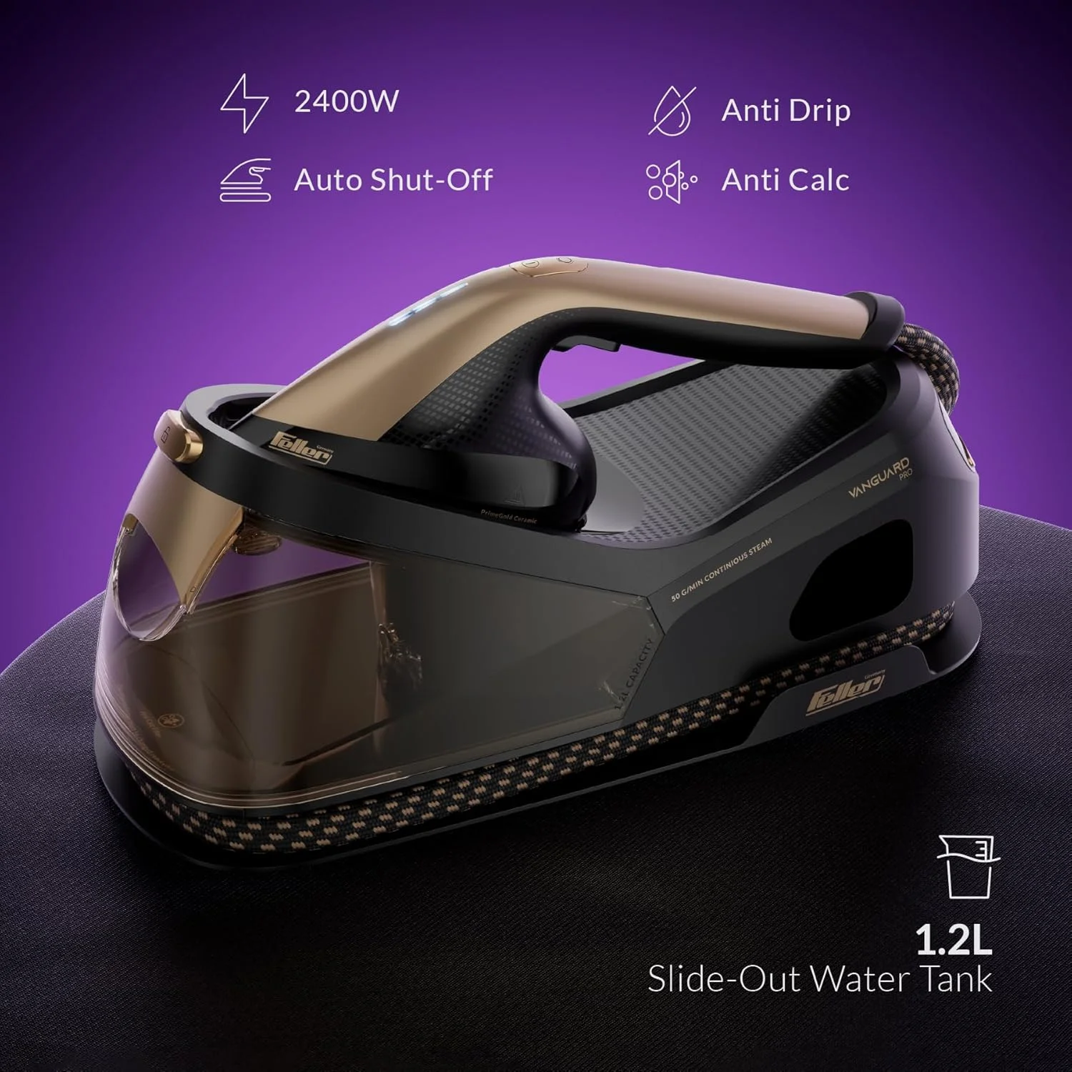 اتو بخار مخزن دار حرفه ای فلر آلمان مدل Vanguard Pro با توان 2400 وات، کفی سرامیکی طلایی، ضد چکه، خاموش شدن خودکار، خروجی بخار 50 گرم در دقیقه، TrueTemp، نمایشگر، SS700، نسخه امارات (طلایی)