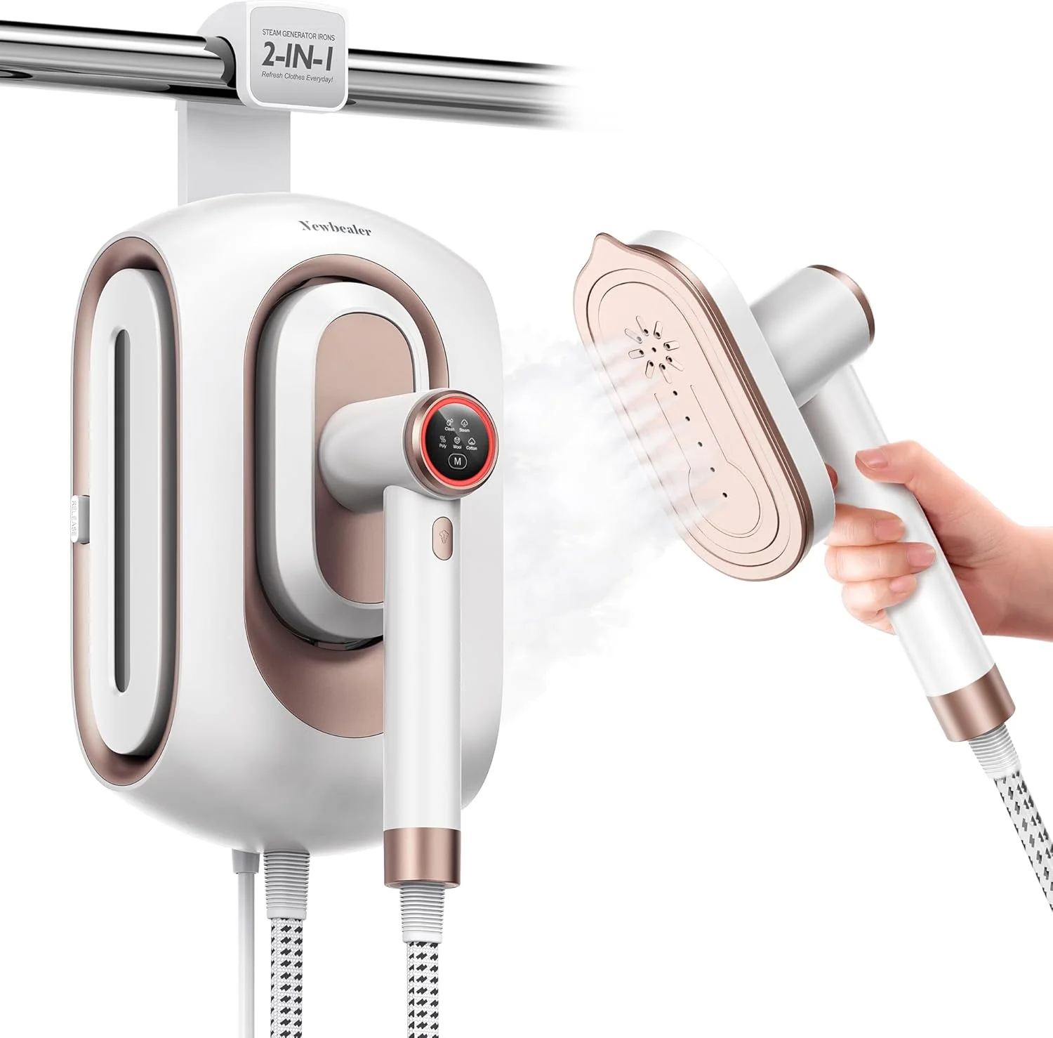 اتو بخار مخزن دار نیوبیلر، اتو بخار 1600 وات برای لباس، دارای 3 حالت بخار، گرم شدن سریع در 30 ثانیه، مخزن آب جداشدنی 1.2 لیتری، طراحی کم حجم با قابلیت نصب روی دیوار