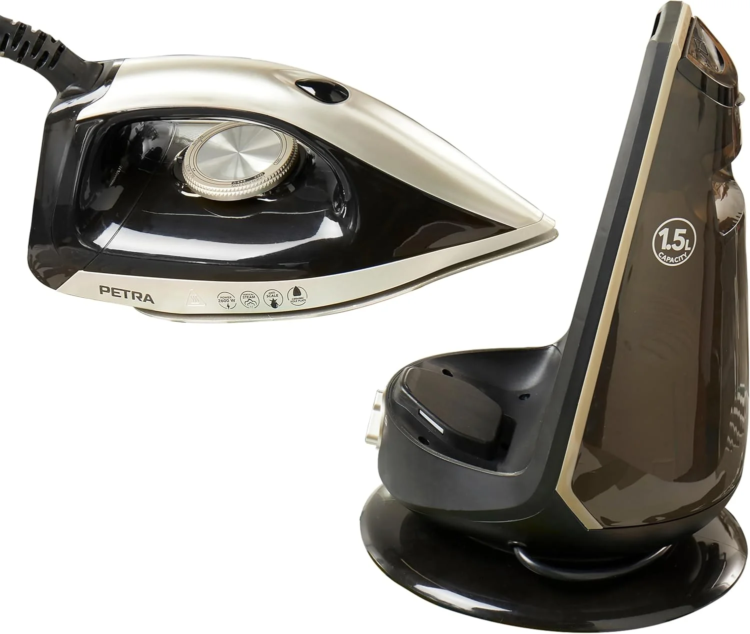 اتو بخار مخزن دار پترا مدل PF01483VDEEU7 با توان 2600 وات، پایه جمع و جور و سیم 1.90 متری، مخزن آب XL با ظرفیت 1.5 لیتر و سیستم قفل، بخاردهی مداوم تا 30 دقیقه