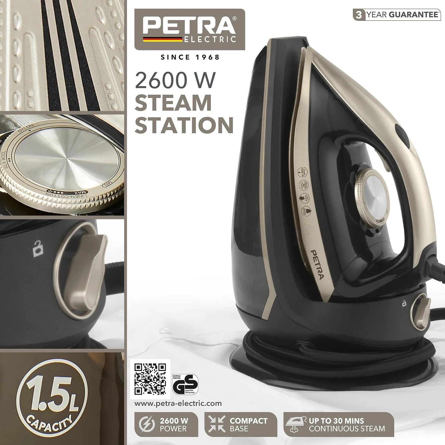 اتو بخار مخزن دار پترا مدل PF01483VDEEU7 با توان 2600 وات، پایه جمع و جور و سیم 1.90 متری، مخزن آب XL با ظرفیت 1.5 لیتر و سیستم قفل، بخاردهی مداوم تا 30 دقیقه اتو بخار مخزن دار پترا مدل PF01483VDEEU7 با توان 2600 وات، پایه جمع و جور و سیم 1.90 متری، مخزن آب XL با ظرفیت 1.5 لیتر و سیستم قفل، بخاردهی مداوم تا 30 دقیقه