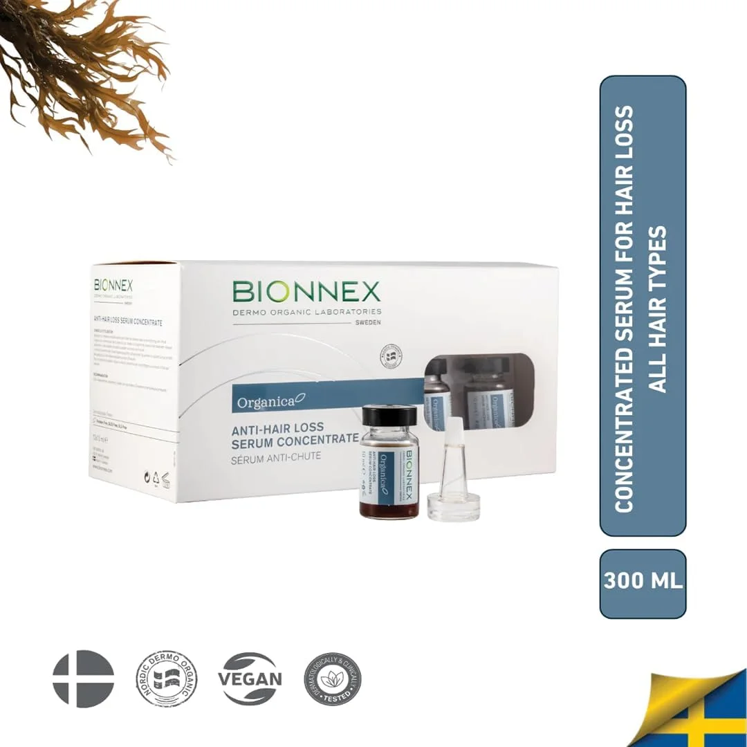 سرم کنسانتره ضد ریزش مو بایونکس ارگانیکا - حاوی 25 عصاره گیاهی و دریایی طبیعی، ویتامین ها و مواد معدنی - فاقد پارابن - تقویت کننده ریشه، احیا کننده پوست سر، افزایش دهنده تراکم - 12 * 10 میلی لیتر