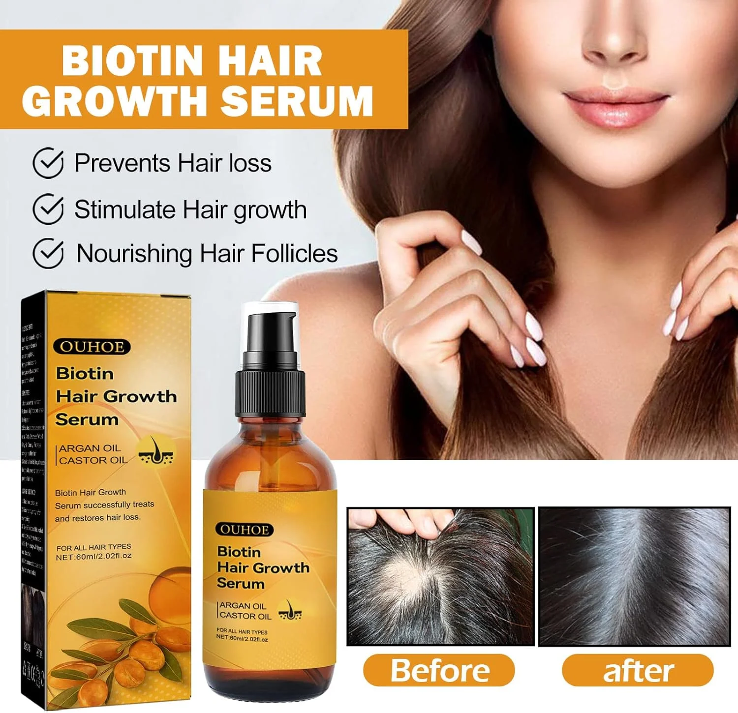 سرم رشد مو بیوتین با روغن کرچک و روغن آرگان - درمان جلوگیری از ریزش مو با فرمول رشد مجدد مو برای خانم ها، روغن اسانس سرم رشد مو برای انواع مو