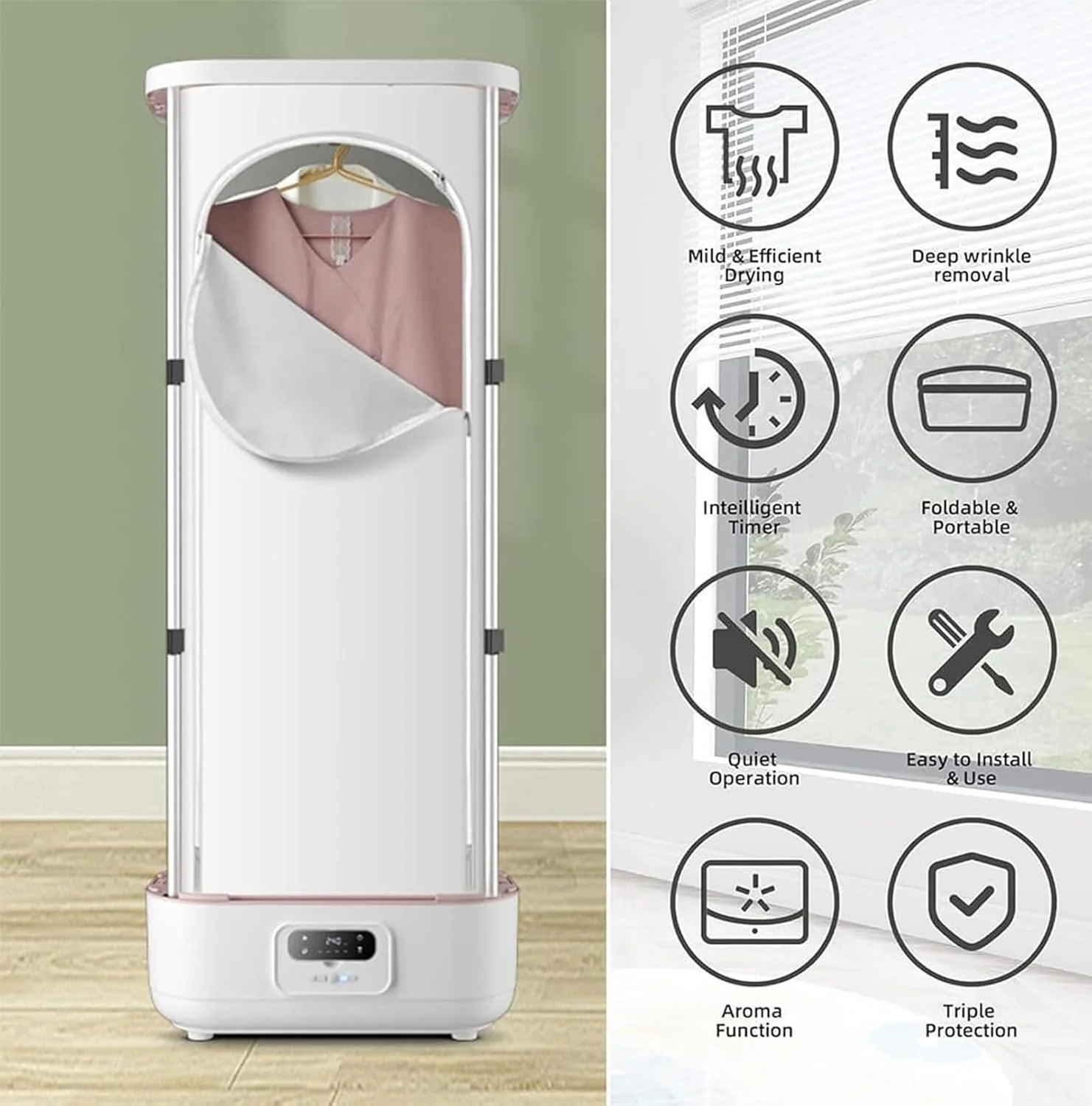 اتو بخار عمودی بی سیم اتوماتیک 900 واتی، بخارگر لباس آویز تاشو با 3 تنظیمات تایمر، مراقبت از اتوکشی با هوای گرم چرخشی 70 درجه، کنترل از راه دور، جعبه رایحه درمانی داخلی