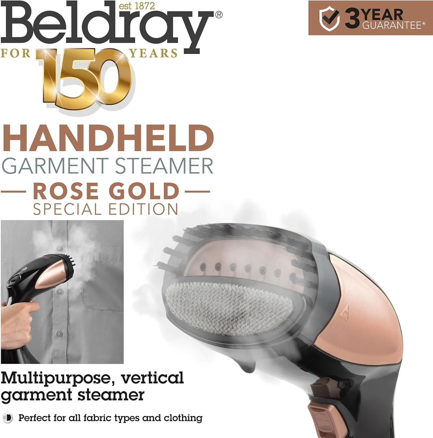 بخارگر دستی لباس بلدرای مدل BEL01552RG-150 - بخارگر عمودی قابل حمل، 1100 وات، از بین برنده چروک، مخزن آب جداشدنی 180 میلی لیتری، گرم شدن سریع 30 ثانیه ای، برس پارچه و پرز 2 در 1، رزگلد