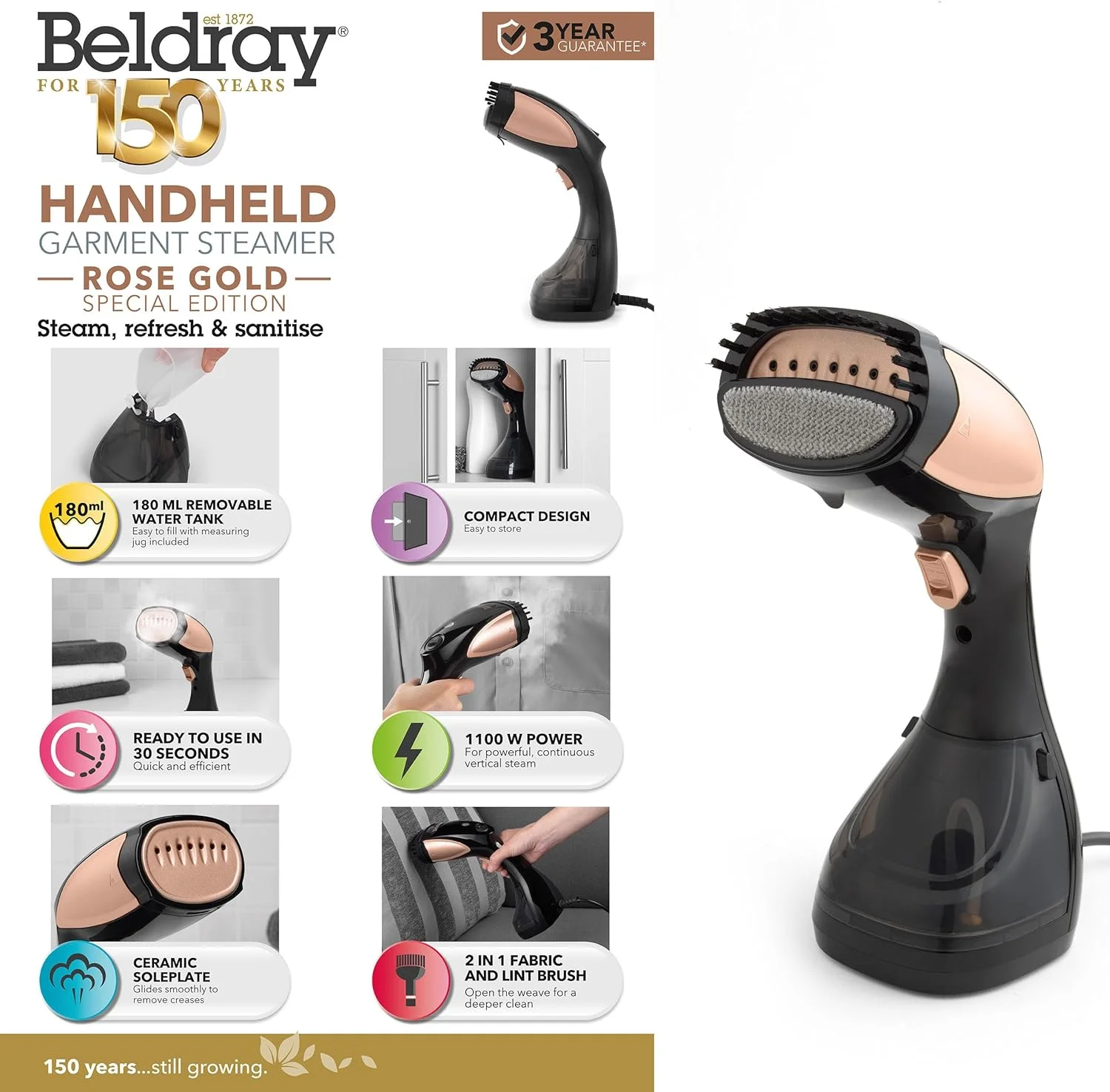 بخارگر دستی لباس بلدرای مدل BEL01552RG-150 - بخارگر عمودی قابل حمل، 1100 وات، از بین برنده چروک، مخزن آب جداشدنی 180 میلی لیتری، گرم شدن سریع 30 ثانیه ای، برس پارچه و پرز 2 در 1، رزگلد