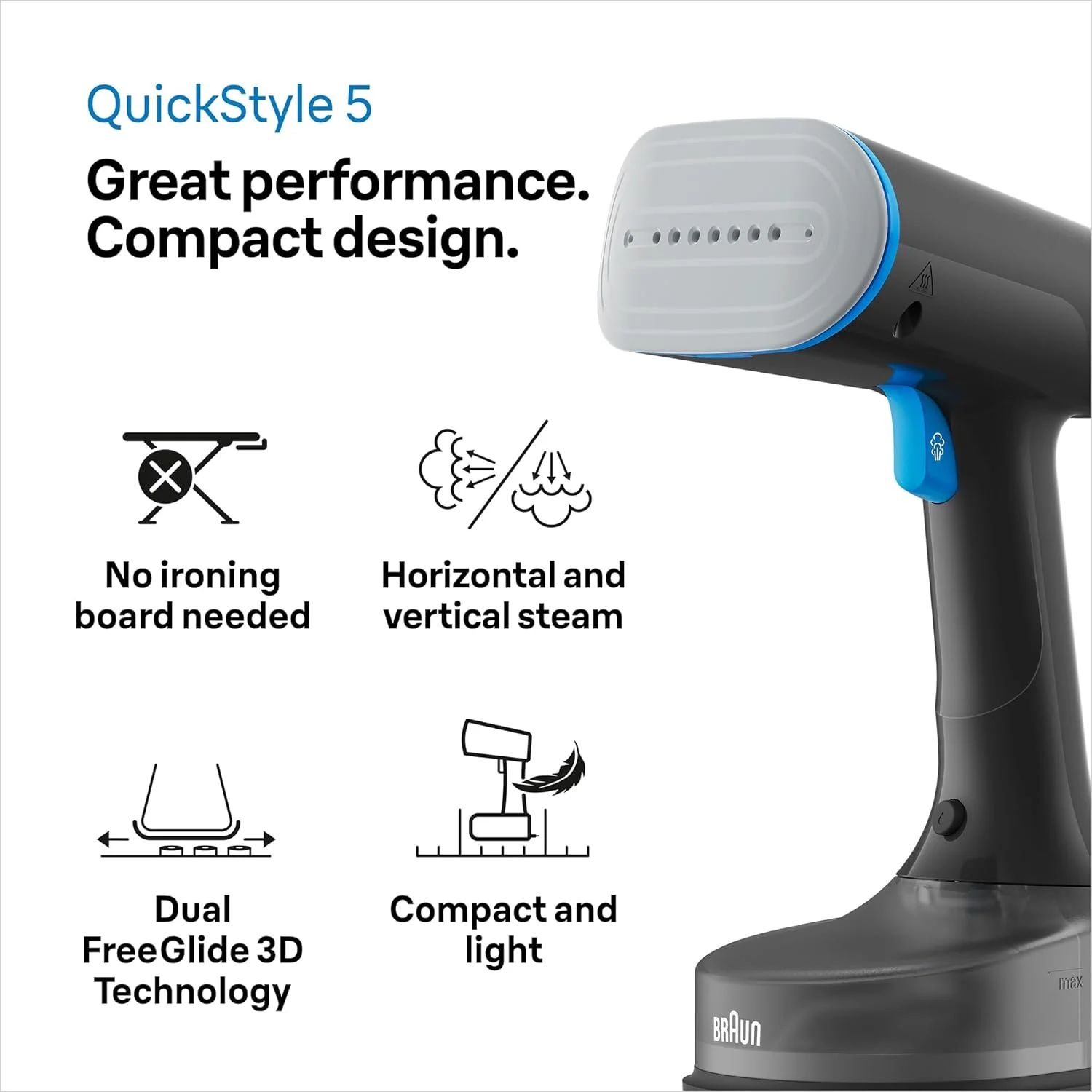 بخارگر لباس براون QuickStyle 5، فناوری Dual Heated FreeGlide 3D، بخارگر دستی با گرم شدن سریع 45 ثانیه ای، اتو کشی عمودی، ظرفیت 150 میلی لیتر، سیم 2.5 متری، 1200 وات - GS 5031 BL - آبی