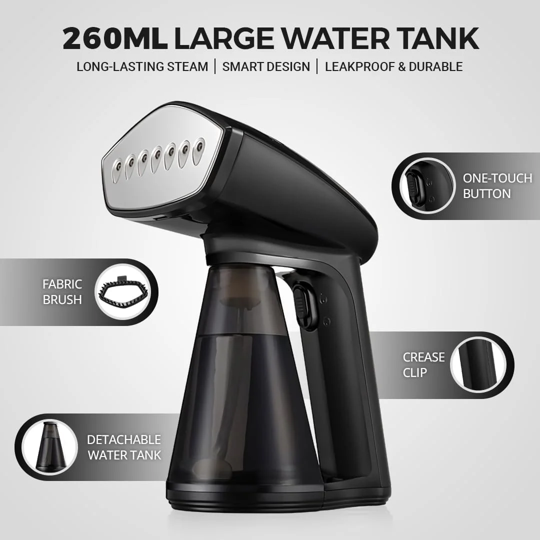 بخارگر دستی لباس 1640 واتی – مخزن آب 260 میلی لیتری، صفحه بخار استیل ضد زنگ، بخارگر مسافرتی قابل حمل برای لباس، ملحفه و پرده های بدون چروک