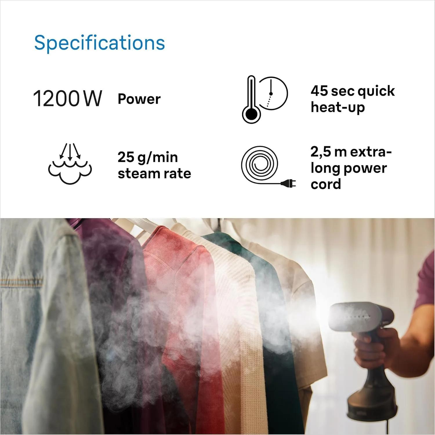 بخارگر لباس براون QuickStyle 5، فناوری Dual Heated FreeGlide 3D، بخارگر دستی با گرم شدن سریع 45 ثانیه ای، اتو کشی عمودی، ظرفیت 150 میلی لیتر، سیم 2.5 متری، 1200 وات - GS 5031 BL - آبی