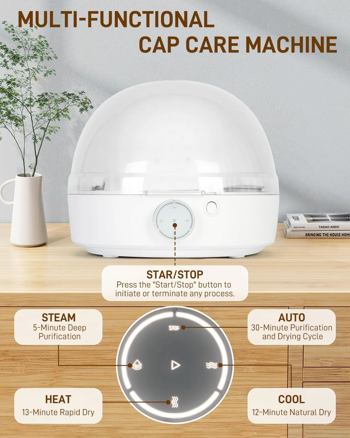 دستگاه مراقبت از کلاه، تمیز کننده خودکار کلاه با بخار و خشک کن، دستگاه مراقبت از کلاه همه کاره، شکل دهنده کلاه برای کلاه سطلی و کلاه بیسبال، بازگرداندن شکل کلاه های بدفرم، استفاده آسان