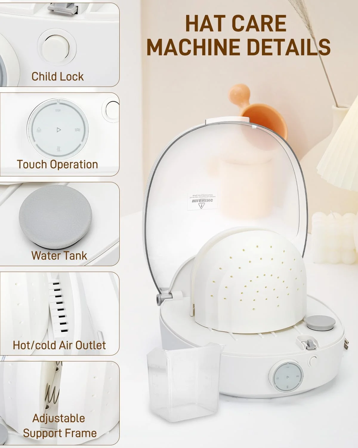 دستگاه مراقبت از کلاه، تمیز کننده خودکار کلاه با بخار و خشک کن، دستگاه مراقبت از کلاه همه کاره، شکل دهنده کلاه برای کلاه سطلی و کلاه بیسبال، بازگرداندن شکل کلاه های بدفرم، استفاده آسان