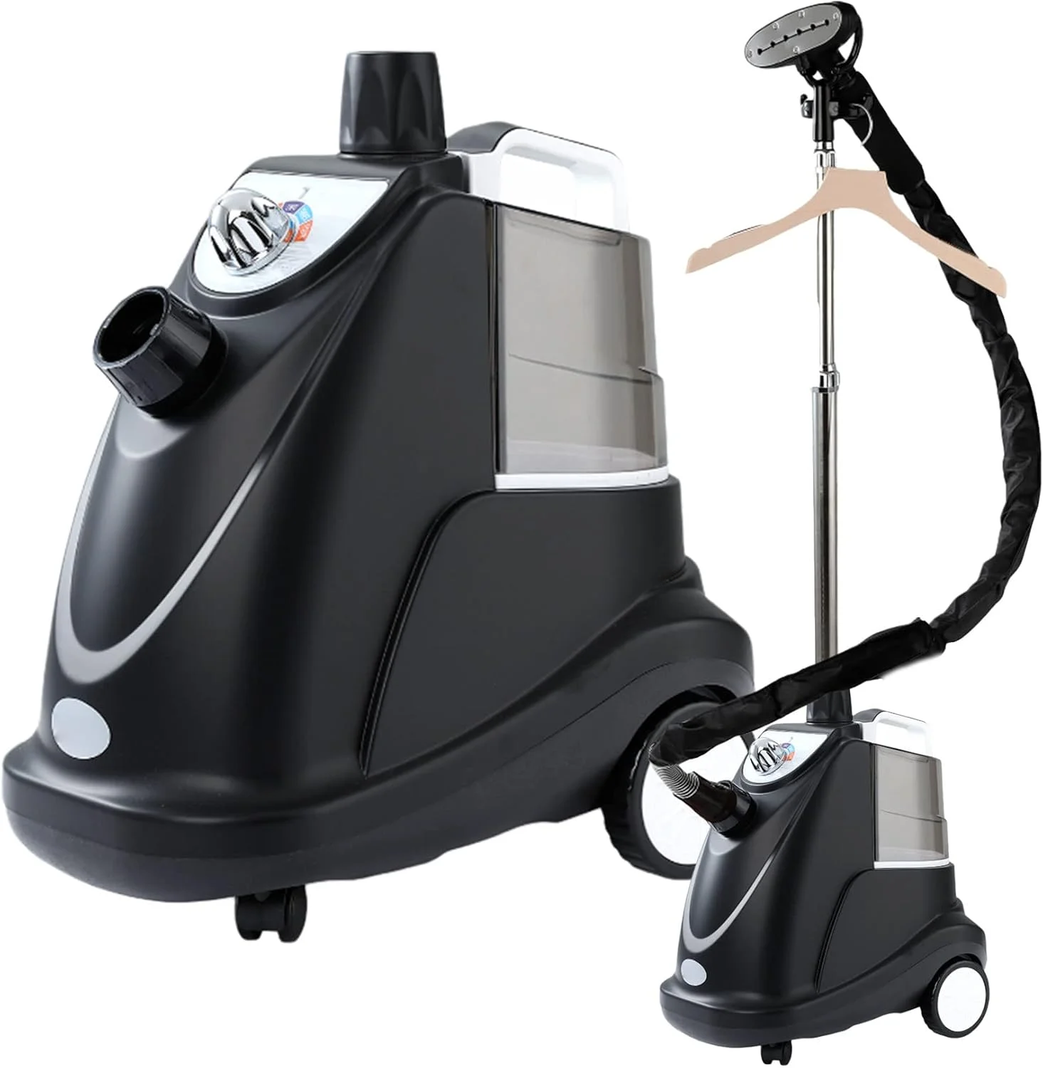 بخارگر لباس 2000 واتی ایستاده حرفه ای و سنگین، از بین برنده سریع چروک لباس برای انواع پارچه ها، با مخزن آب بزرگ 3.8 لیتری، مشکی (نقره ای)