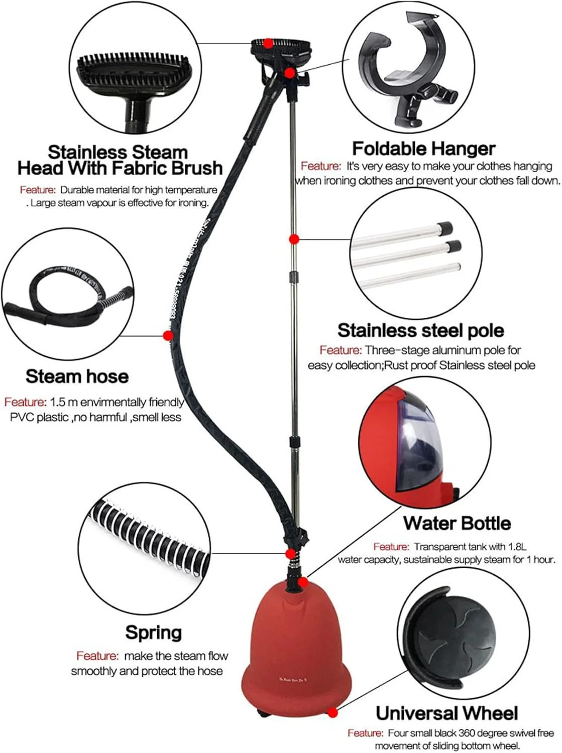 بخارگر لباس 1800 وات، بخارگر حرفه ای و ایستاده لباس با مخزن آب 3.8 لیتری، کنترل بخار 4 مرحله ای با برس و آویز لباس، رزگلد (رزگلد)