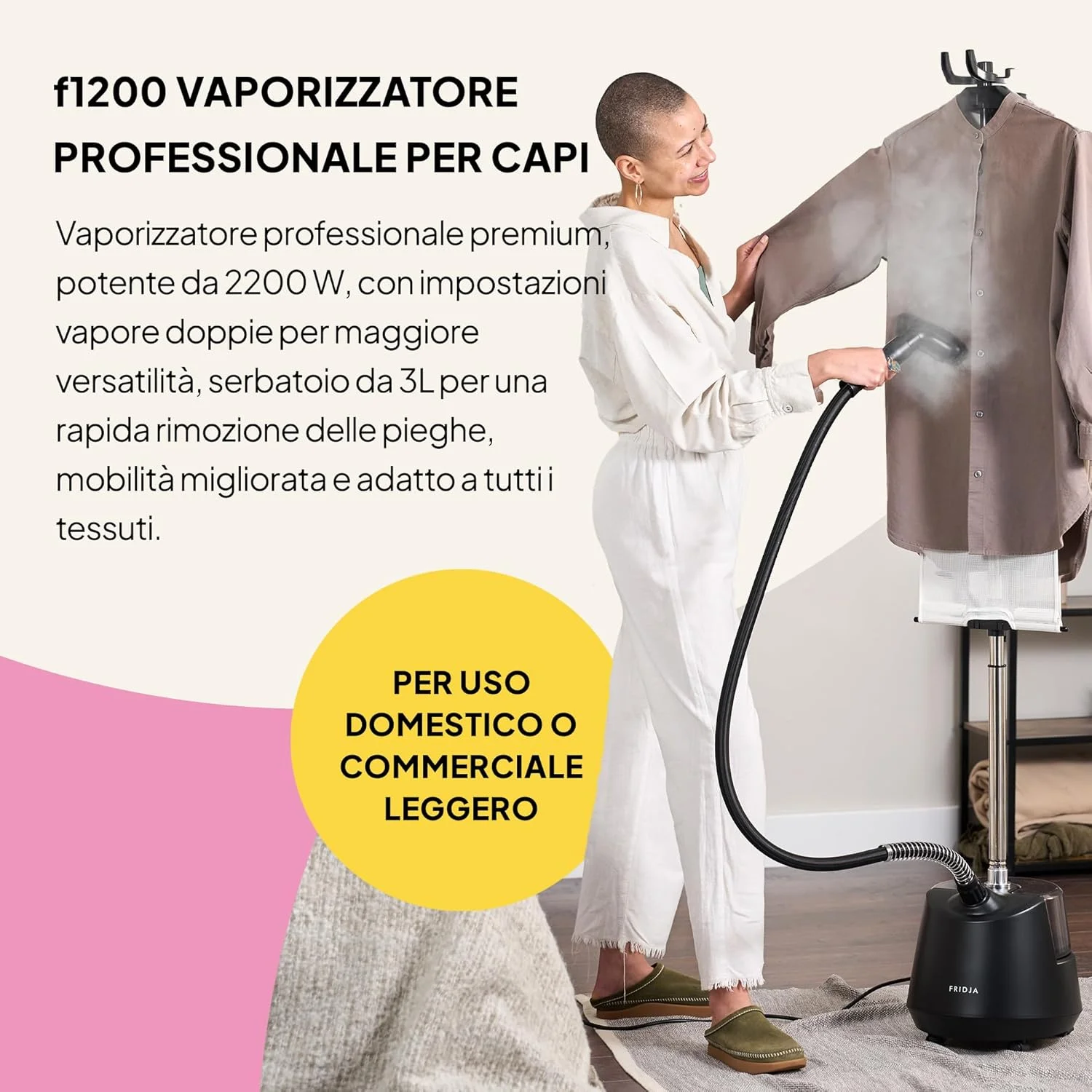 بخارگر لباس حرفه ای Fridja f1200 - بخارگر قدرتمند 2200 واتی - دارای دو حالت بخار و مخزن آب 3 لیتری برای رفع سریع چروک - مناسب برای انواع پارچه، طراحی به روز شده - مشکی مات