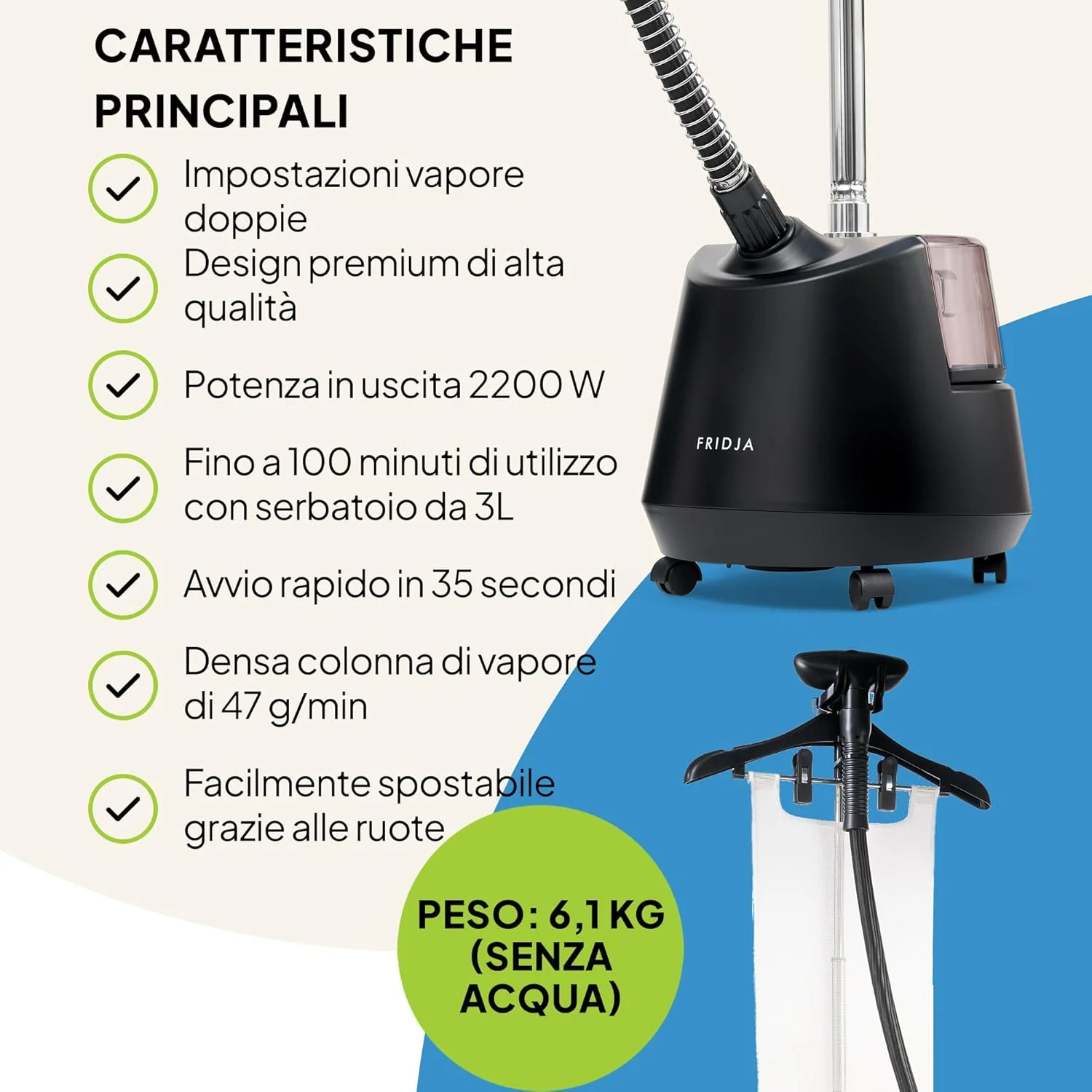 بخارگر لباس حرفه ای Fridja f1200 - بخارگر قدرتمند 2200 واتی - دارای دو حالت بخار و مخزن آب 3 لیتری برای رفع سریع چروک - مناسب برای انواع پارچه، طراحی به روز شده - مشکی مات