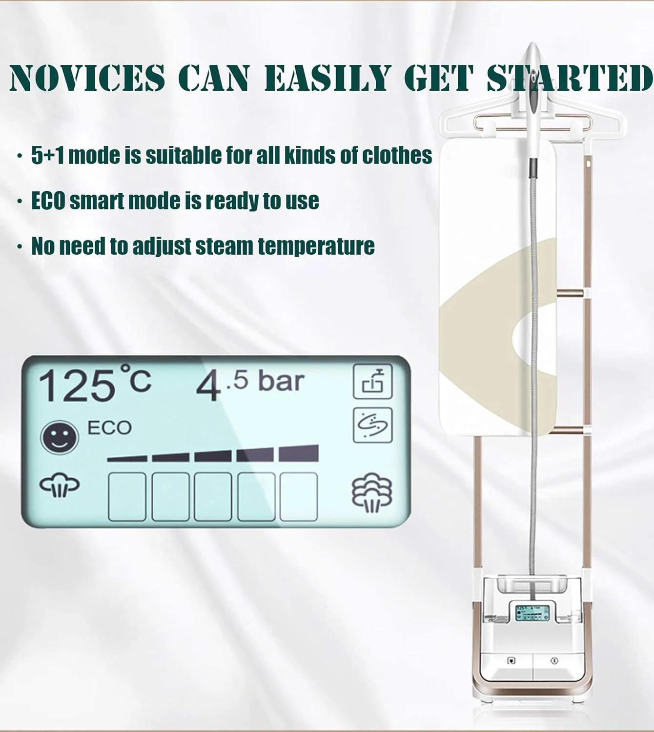 بخارگر لباس، بخارگر عمودی دو میله تاشو قابل تنظیم 2000 وات، بخارگر پارچه سنگین با مخزن آب 2.5 لیتری، 6 سطح تنظیم بخار با برس پارچه و چوب لباسی