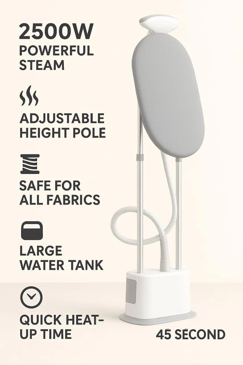 بخارگر لباس با میز اتوی قابل تنظیم | بخارگر عمودی لباس ۲۵۰۰ واتی برای عبا و پیراهن | گرم شدن سریع | مخزن آب ۲.۵ لیتری