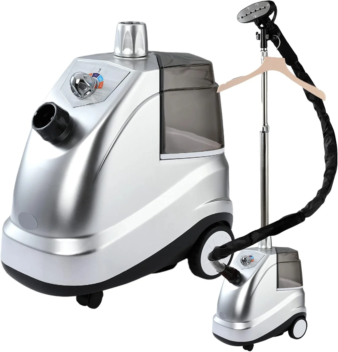 بخارگر لباس ایستاده حرفه ای و سنگین 1800 واتی با مخزن آب 3.8 لیتری، کنترل بخار 4 مرحله ای با برس، چوب لباسی، نقره ای