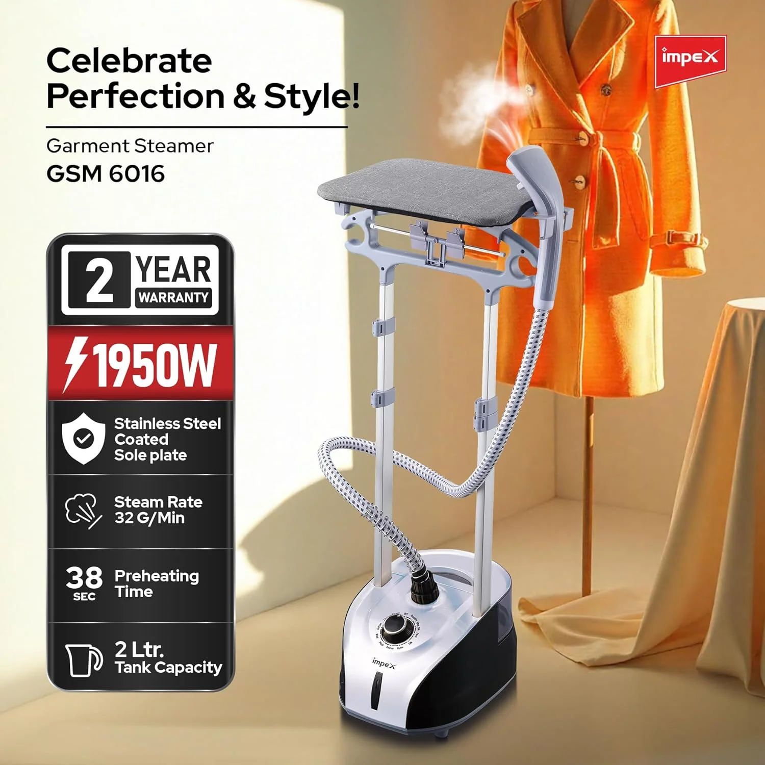 بخارگر لباس ایمپکس GSM 6016- اتو بخار قدرتمند 1950 وات با مخزن 2 لیتری، پیش گرمایش 38 ثانیه، زمان کارکرد 60 دقیقه و برس دستی | بخارگر عمودی برای لباس، پرده و پارچه