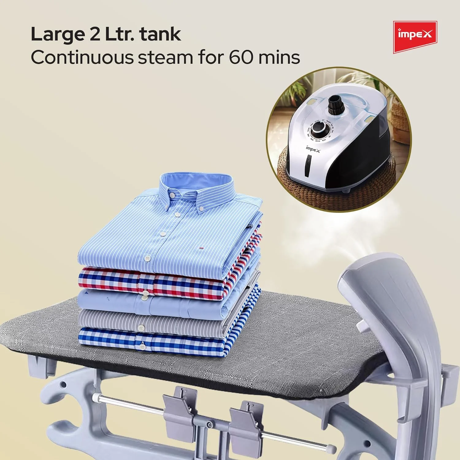 بخارگر لباس ایمپکس GSM 6016- اتو بخار قدرتمند 1950 وات با مخزن 2 لیتری، پیش گرمایش 38 ثانیه، زمان کارکرد 60 دقیقه و برس دستی | بخارگر عمودی برای لباس، پرده و پارچه