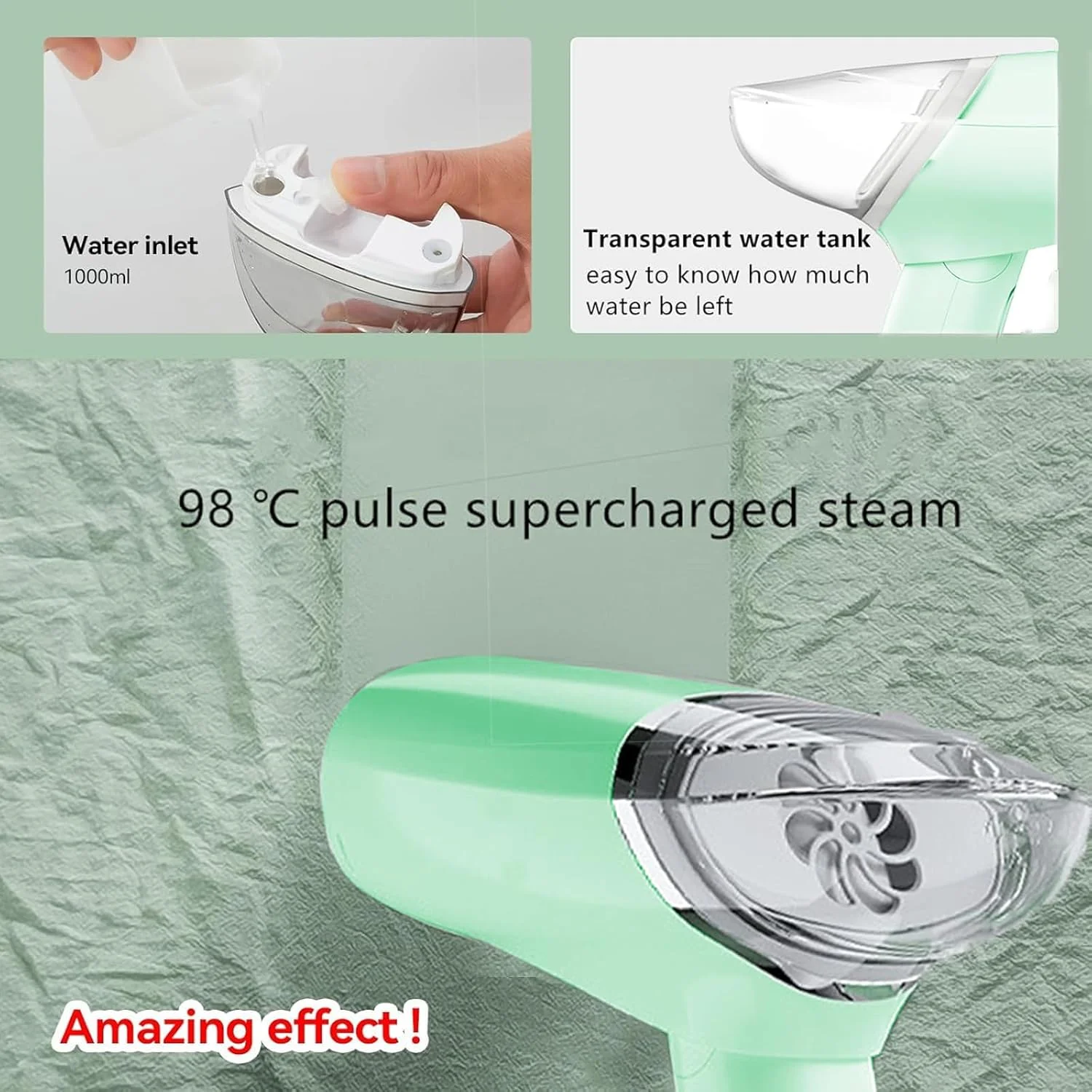 اتو بخار دستی، اتو بخار مسافرتی تاشو و جمع و جور، 1000 وات، بخار مداوم 15 گرم در دقیقه، گرم شدن سریع با مخزن آب جداشدنی 100 میلی لیتری، اتو مسافرتی برای پارچه ها (فیروزه ای)