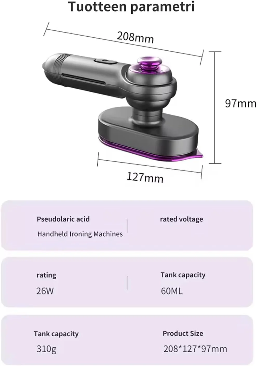 بخارگر دستی لباس، 26 وات، ظرفیت مخزن 60 میلی لیتر، جزئیات بنفش، 208x127x97 میلی متر