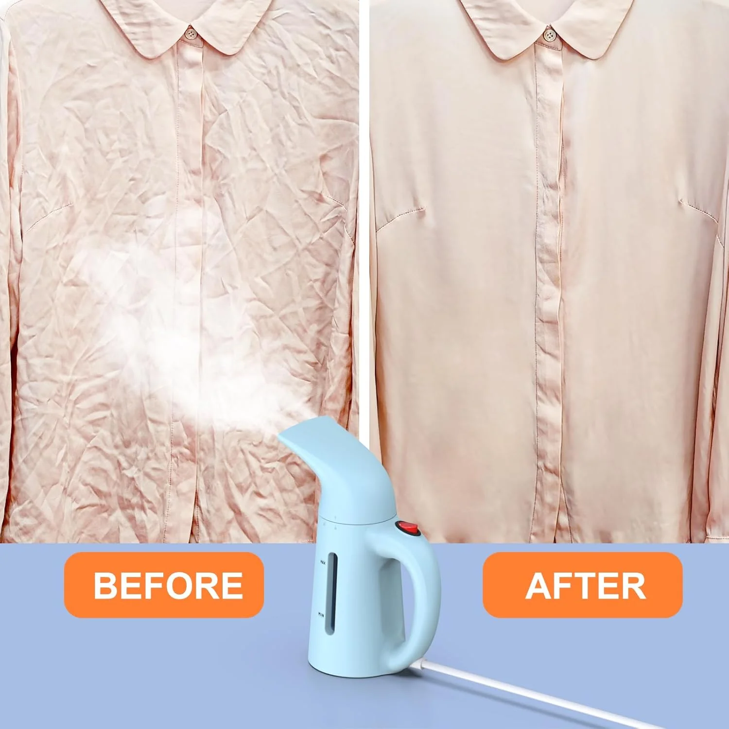 بخارگر دستی لباس، بخارگر قابل حمل برای از بین بردن چروک لباس، مخزن آب 230 میلی لیتری، 12 دقیقه بخار مداوم، سیم 2.3 متری، ایده آل برای تمام پارچه ها، طراحی تک دکمه ای (آبی)