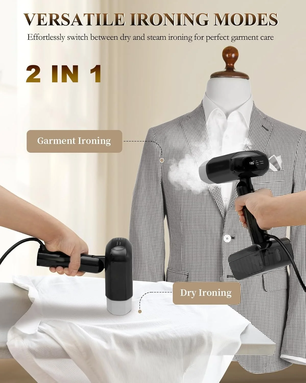 بخارگر دستی 1800 واتی برای لباس، اتو بخار و خشک قابل حمل 2 در 1 با خاموشی خودکار، گرم شدن سریع 10 ثانیه ای، 5 حالت، صفحه سرامیکی، اتو مسافرتی تاشو با مخزن 330 میلی لیتری برای از بین بردن چروک پارچه